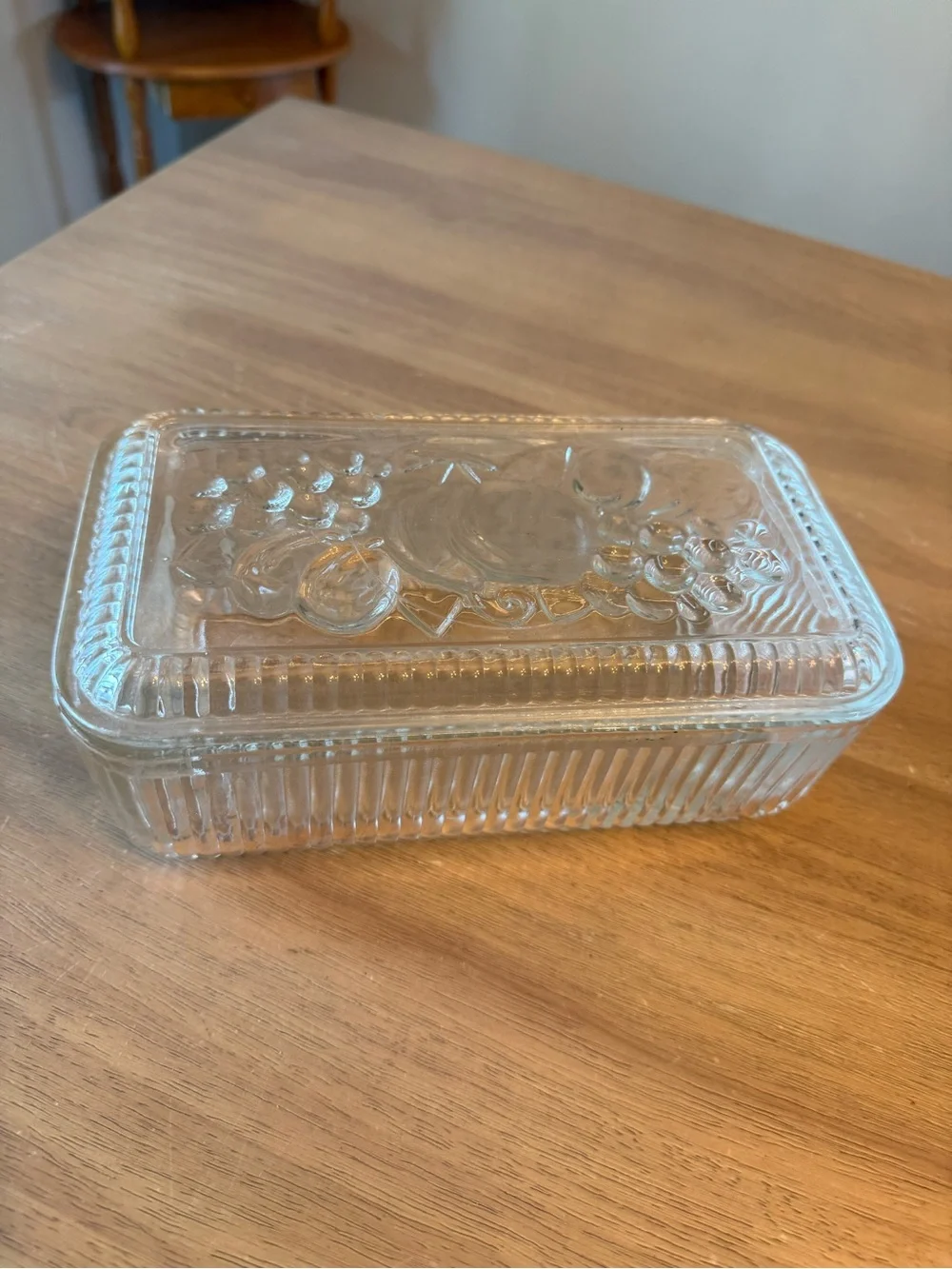 Vintage Federal Glass Refrigerator Storage Dish Ribbed w/Embossed Vegetable Lid